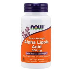 NOW® Foods NOW Alpha Lipoic Acid (Kyselina Alfa Lipoová) with Grape Seed Extract & Bioperine, 600  mg, 60 rastlinných kapsúl
