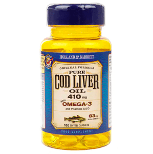 Holland & Barrett Cod liver oil (olej z tresčej pečene), 410 mg, 100 kapsúl