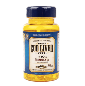 Holland & Barrett Cod liver oil (olej z tresčej pečene), 410 mg, 60 kapsúl