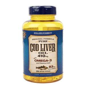 Holland & Barrett Cod liver oil (olej z tresčích jater), 410 mg, 250 kapslí