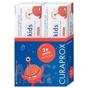 Curaprox Kids 2+ bez fluoridu + Baby detská zubná pasta príchuť jahoda 60 ml + detská zubná kefka 5 x 3,2 g darčeková sada