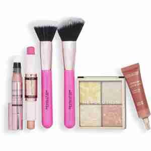 Makeup Revolution London Blush & Glow Gift Set darčekový set rozjasňujúca paletka Highlighter Quad 9,6 g Make It Count + rozjasňovač Bright Light Highlighter 3 ml Divine Dark Pink + kozmetický štetec