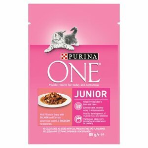 PURINA ONE Junior mini filetky s lososom a mrkvou v šťave 24x85g