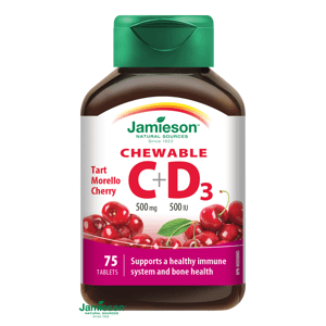 Jamieson Vitamín C+D3 500mg tablety na cmúľanie s príchuťou čerešne 75 tabliet